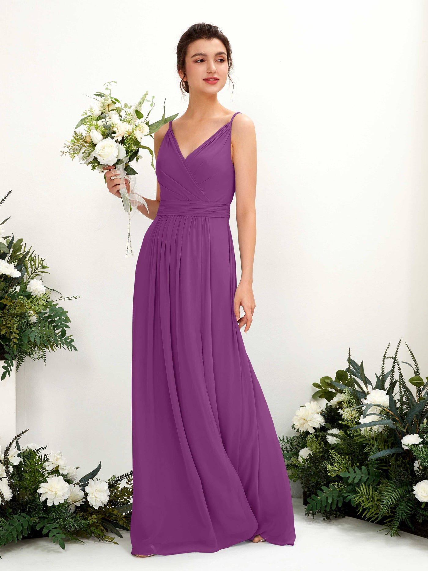 Spaghetti-straps V-neck Sleeveless Bridesmaid Dress - Purple (81223936)#color_purple