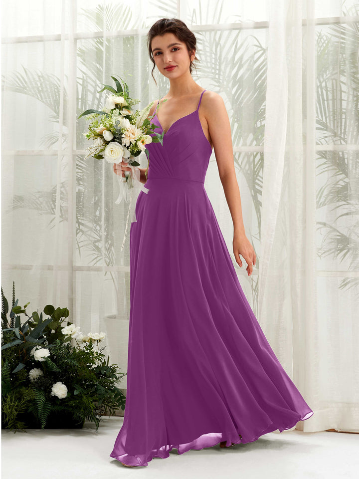 Spaghetti-straps V-neck Sleeveless Bridesmaid Dress - Purple (81224236)