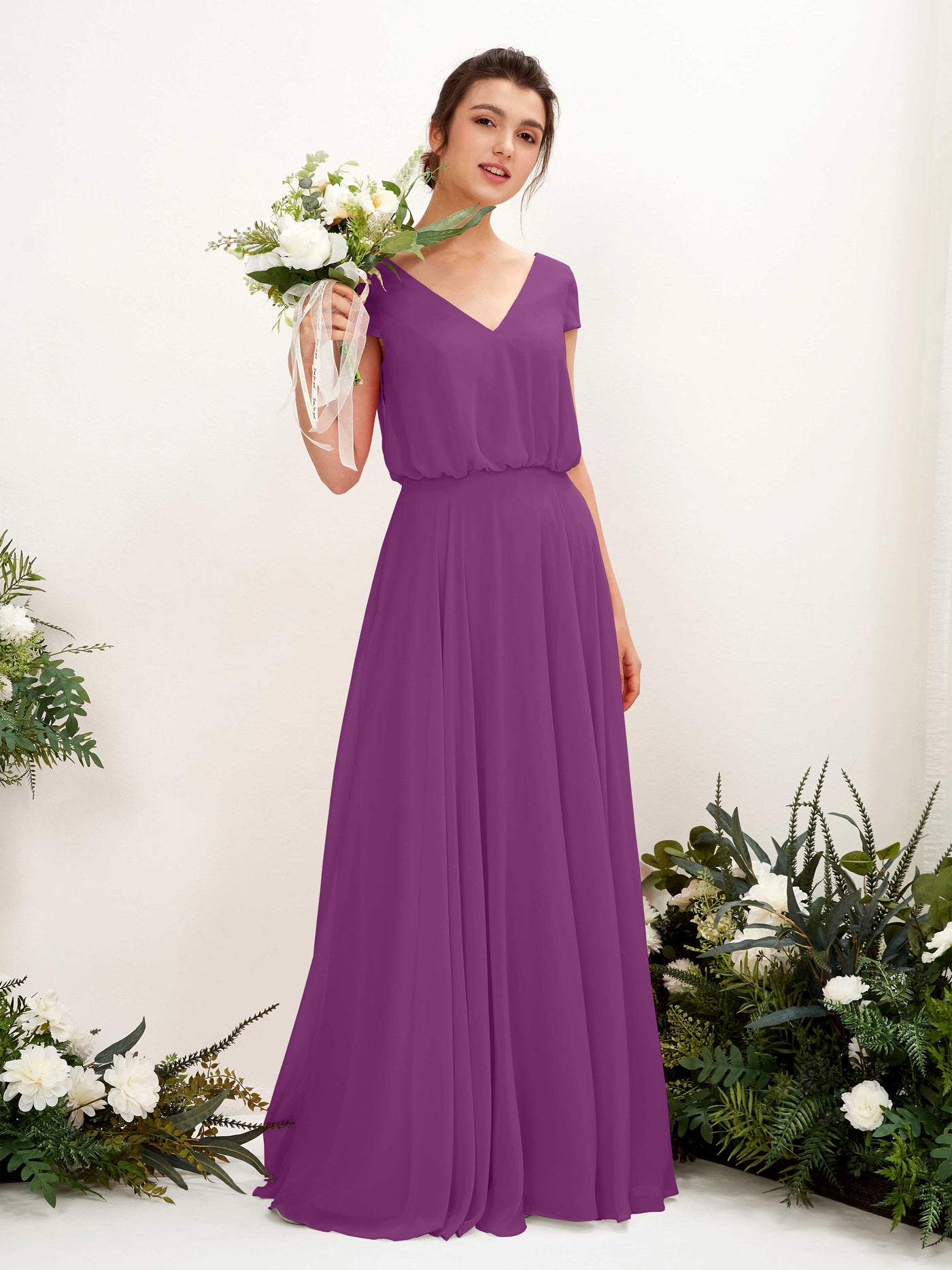 V-neck Cap Sleeves Chiffon Bridesmaid Dress - Purple (81221836)#color_purple