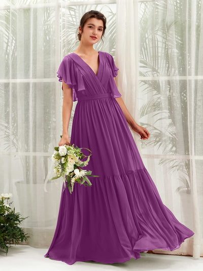 Carlyna Chaya A-Line Purple Bridesmaid Dress Maxi Cap Sleeve V-Neck Dress Front View #color_purple