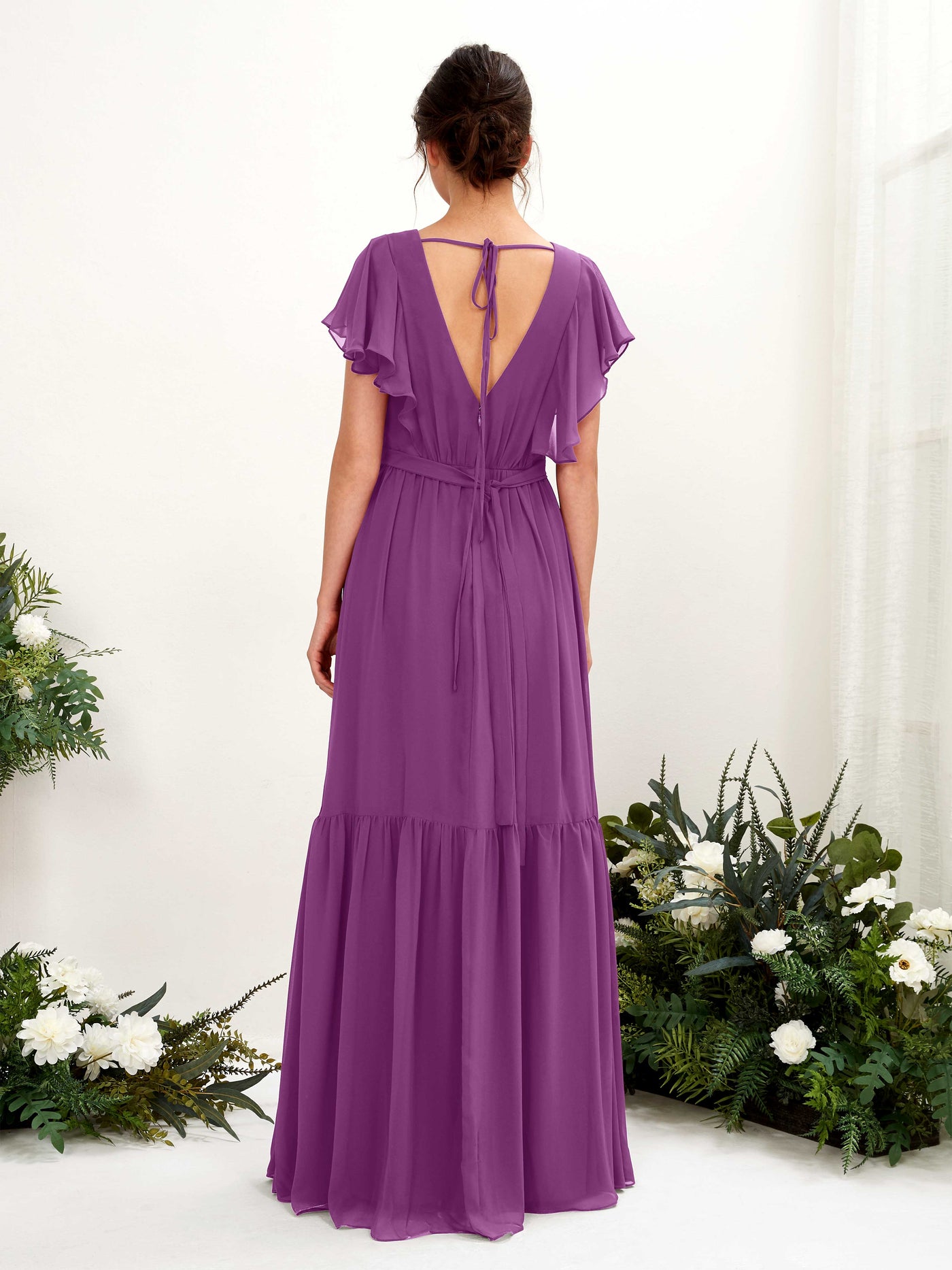V-neck Cap Sleeves Chiffon Bridesmaid Dress - Purple (81225936)#color_purple