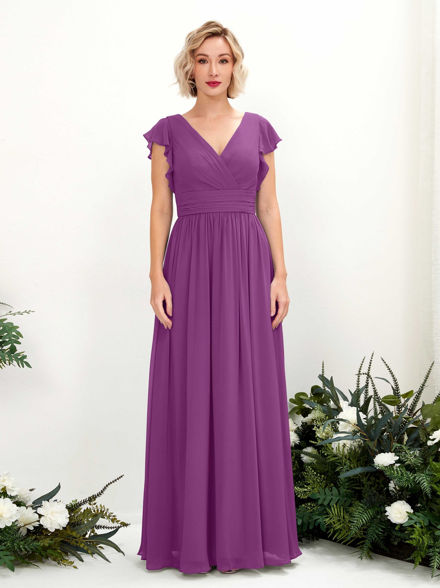 V-neck Short Sleeves Chiffon Bridesmaid Dress - Purple (81222736)#color_purple