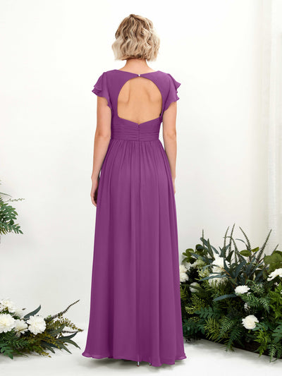 Carlyna Grino A-Line Purple Bridesmaid Dress Maxi Cap Sleeve V-Neck Dress Back View #color_purple