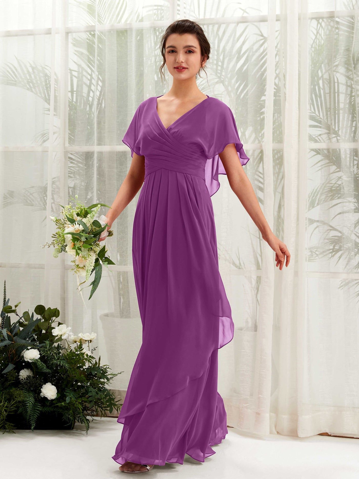 V-neck Short Sleeves Chiffon Bridesmaid Dress - Purple (81226136)#color_purple
