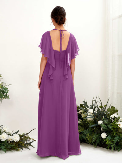 Carlyna Darlene A-Line Purple Bridesmaid Dress Maxi Short Sleeve V-Neck Dress Back View #color_purple