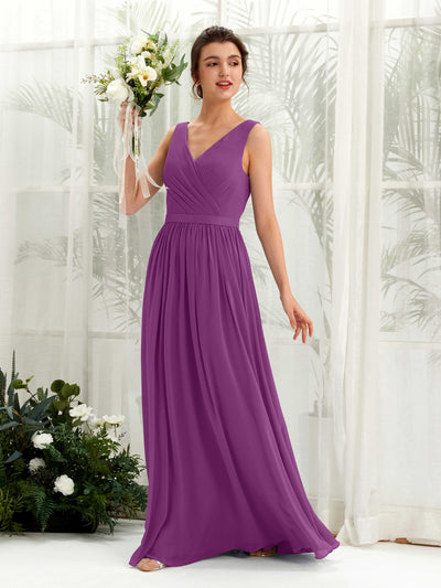 Carlyna Barbara A-Line Purple Bridesmaid Dress Maxi Sleeveless V-Neck Dress Front View #color_purple