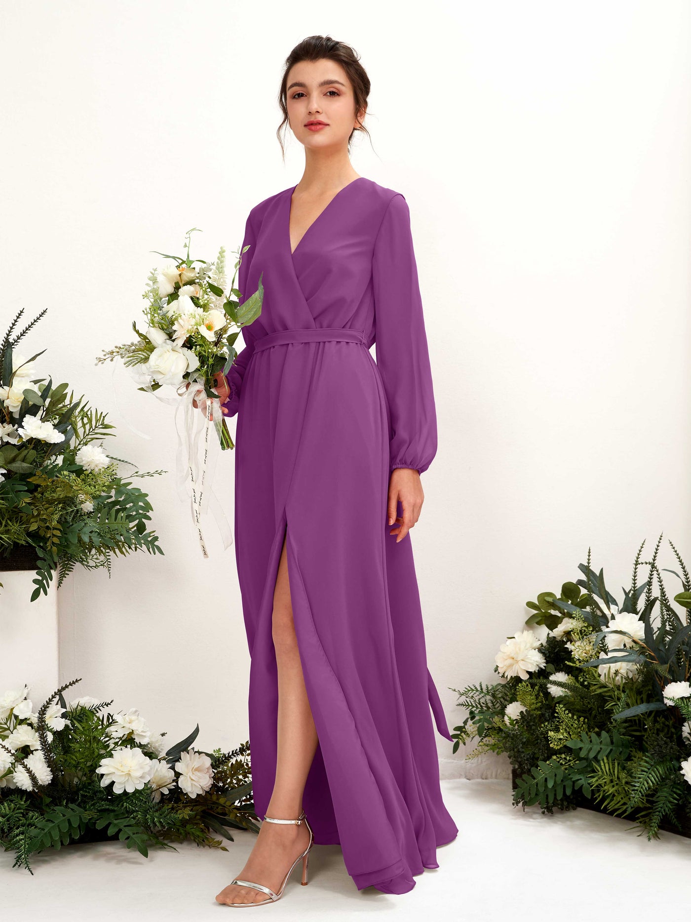 V-neck Long Sleeves Chiffon Bridesmaid Dress - Purple (81223236)#color_purple
