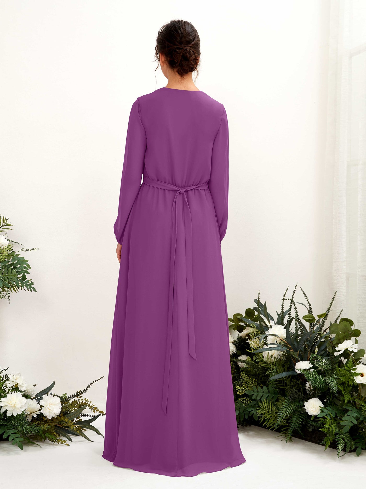 V-neck Long Sleeves Chiffon Bridesmaid Dress - Purple (81223236)#color_purple