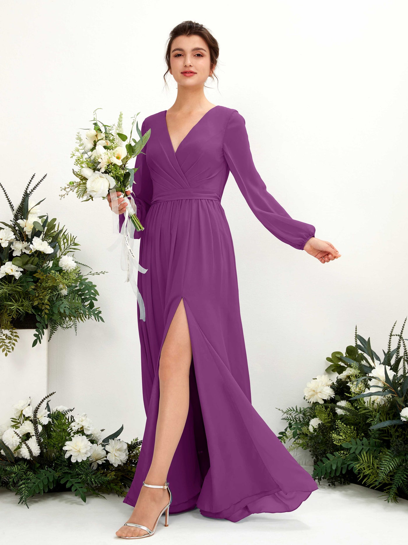 V-neck Long Sleeves Chiffon Bridesmaid Dress - Purple (81223836)#color_purple
