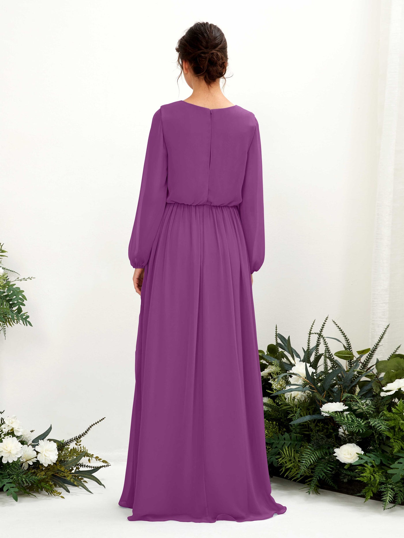 V-neck Long Sleeves Chiffon Bridesmaid Dress - Purple (81223836)#color_purple