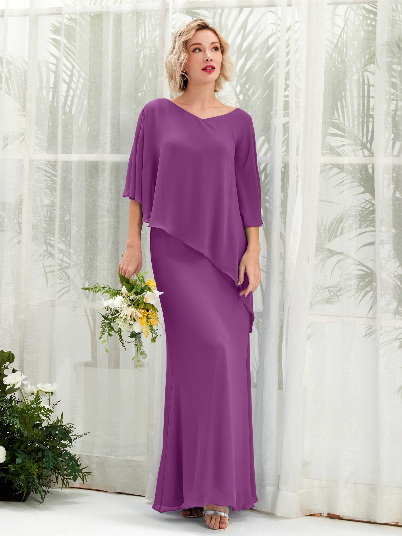 V-neck 3/4 Sleeves Chiffon Bridesmaid Dress - Purple (81222536)#color_purple