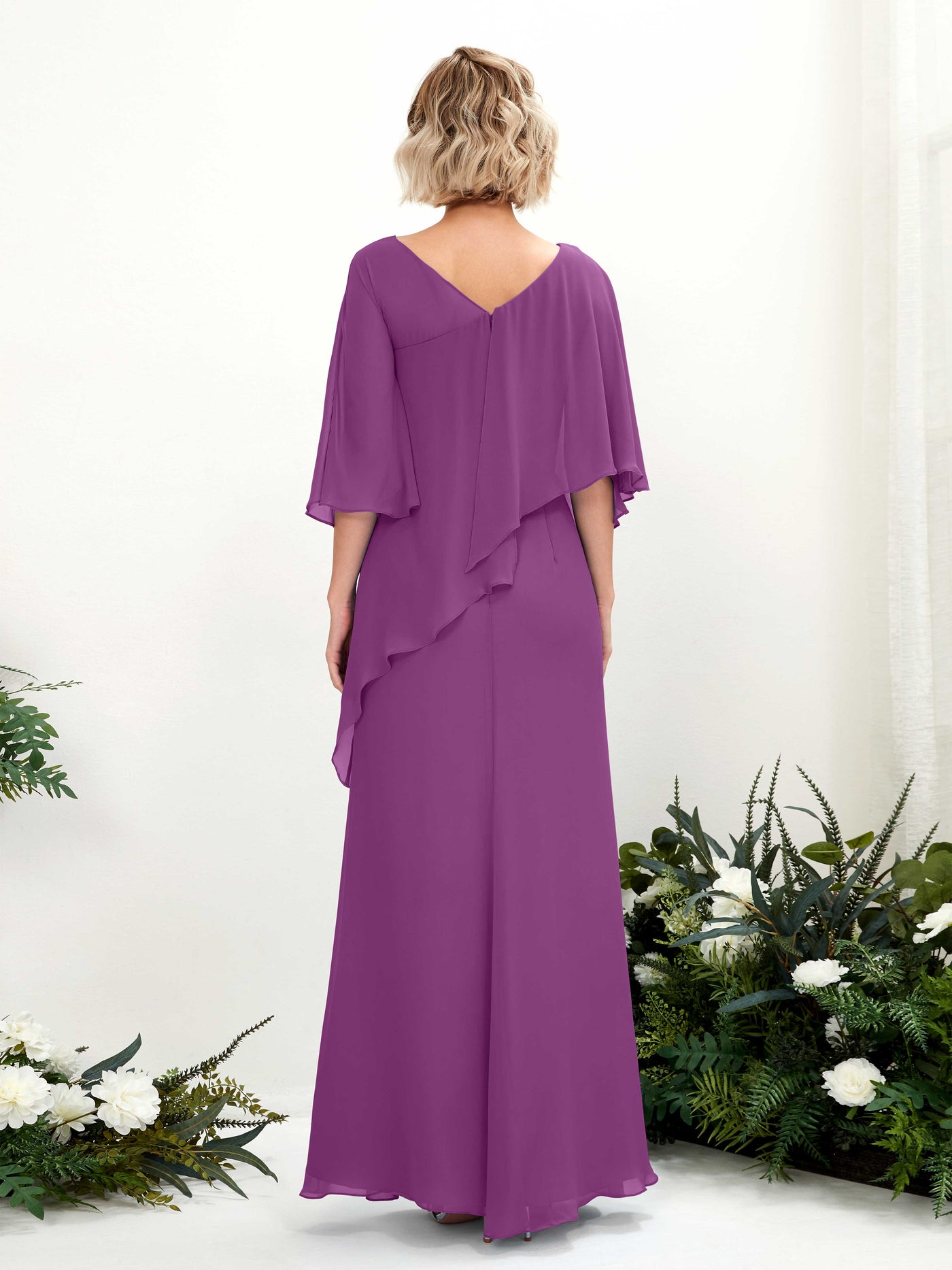 V-neck 3/4 Sleeves Chiffon Bridesmaid Dress - Purple (81222536)#color_purple