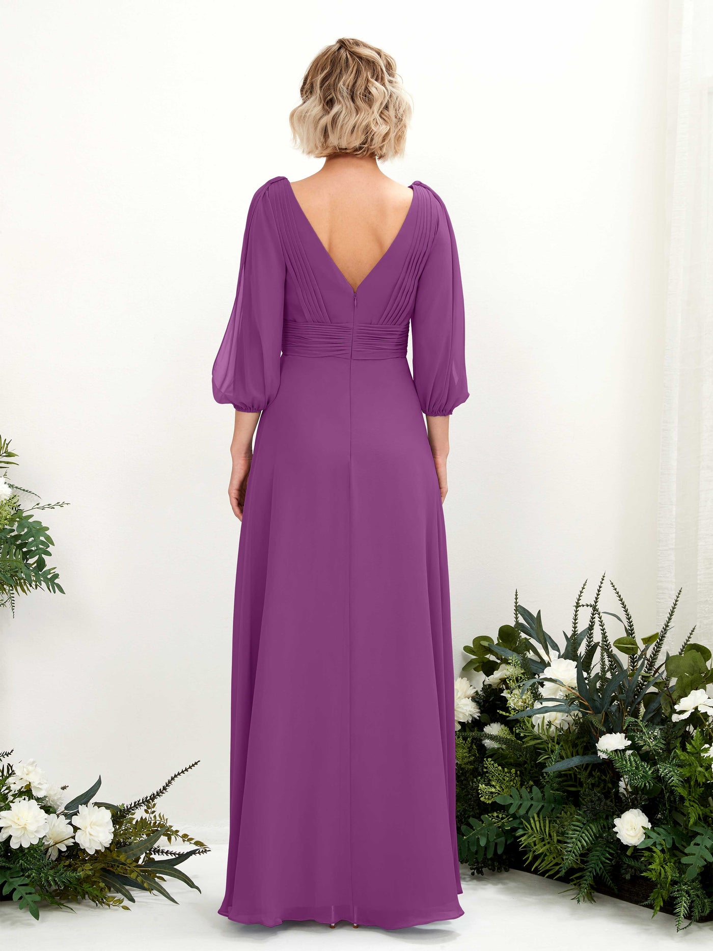 V-neck 3/4 Sleeves Chiffon Bridesmaid Dress - Purple (81223536)#color_purple