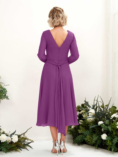 Carlyna Joanna A-Line Purple Bridesmaid Dress Midi Long Sleeve V-Neck  #color_purple