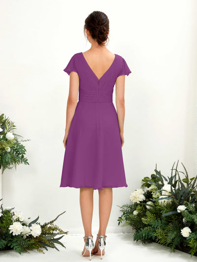 Carlyna Betty A-Line Purple Bridesmaid Dress Knee-Length Short Sleeve V-Neck Dress Back View #color_purple