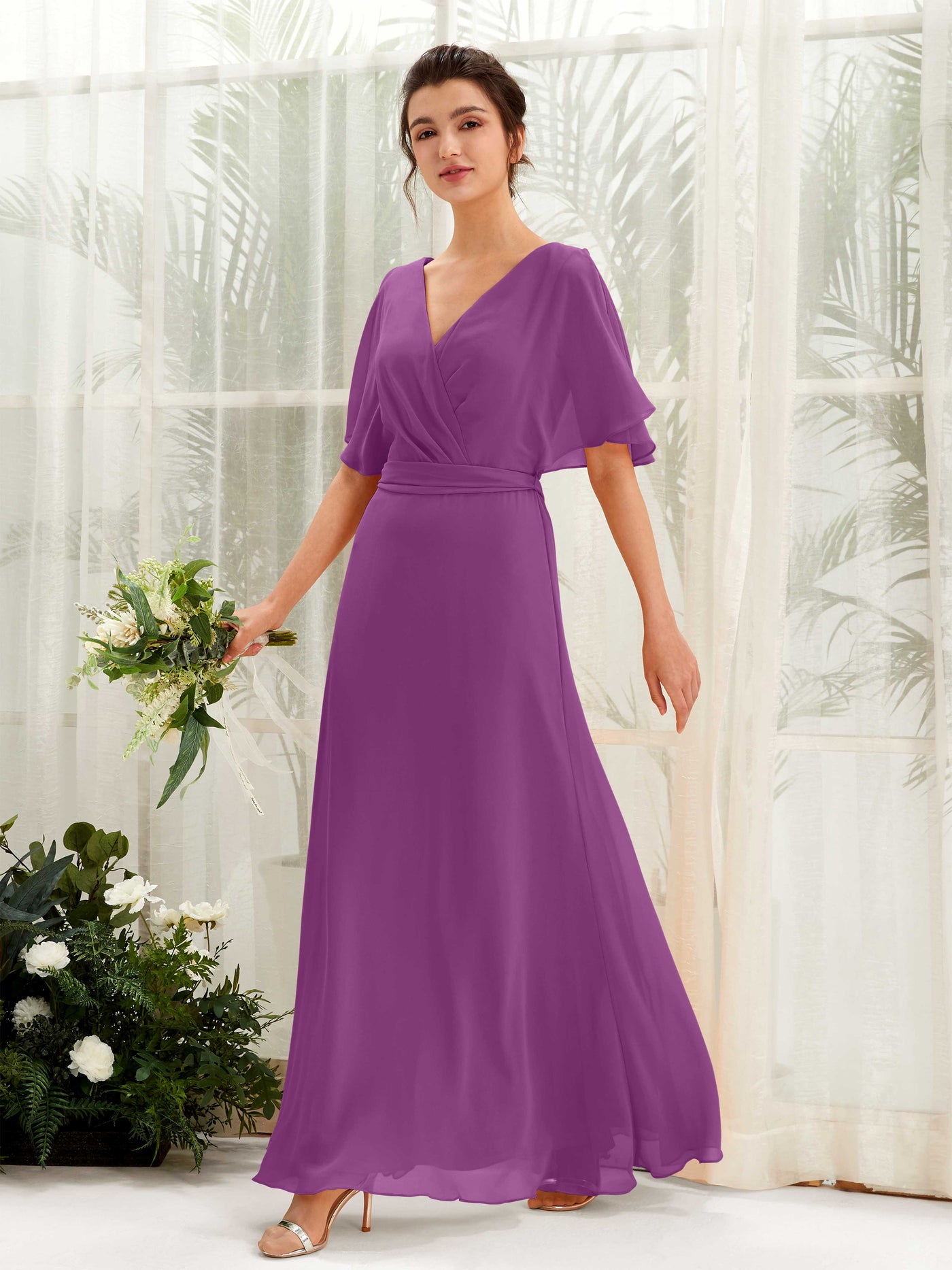V-neck Short Sleeves Chiffon Bridesmaid Dress - Purple (81222436)#color_purple