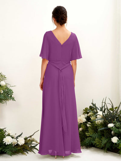 Carlyna Merta A-Line Purple Bridesmaid Dress Maxi Short Sleeve V-Neck Dress #color_purple