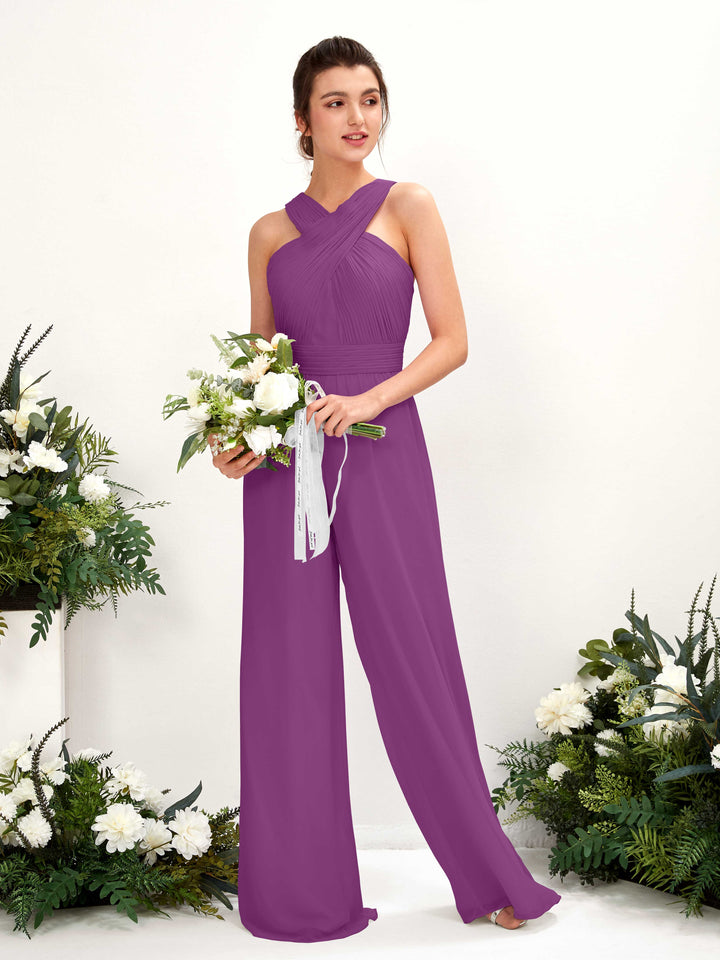 V-neck Sleeveless Chiffon Bridesmaid Dress Wide-Leg Jumpsuit - Purple (81220736)