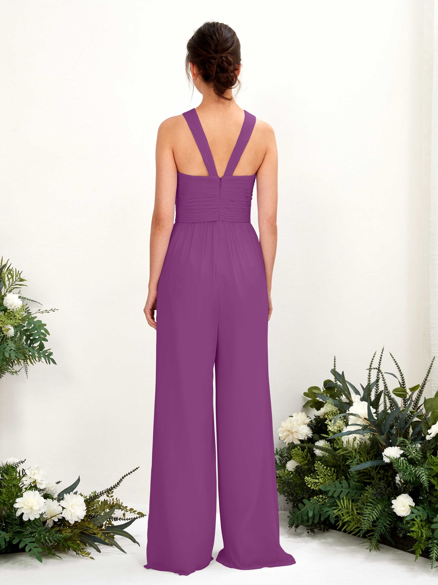 V-neck Sleeveless Chiffon Bridesmaid Dress Wide-Leg Jumpsuit - Purple (81220736)#color_purple