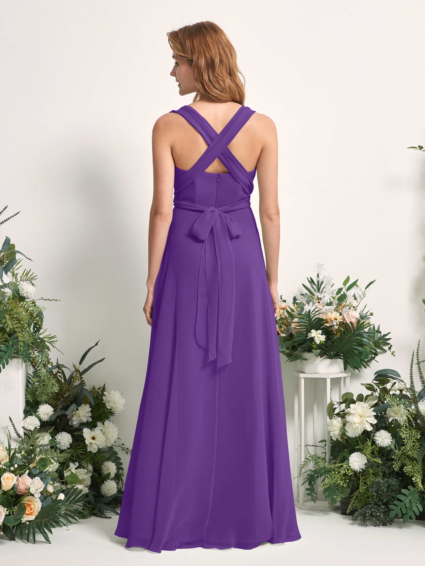Bridesmaid Dress A-line Chiffon Halter Full Length Short Sleeves Wedding Party Dress - Regency (81226328)#color_regency