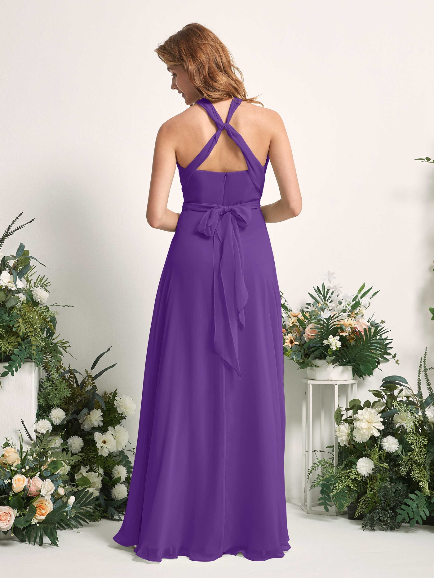 Bridesmaid Dress A-line Chiffon Halter Full Length Short Sleeves Wedding Party Dress - Regency (81226328)#color_regency