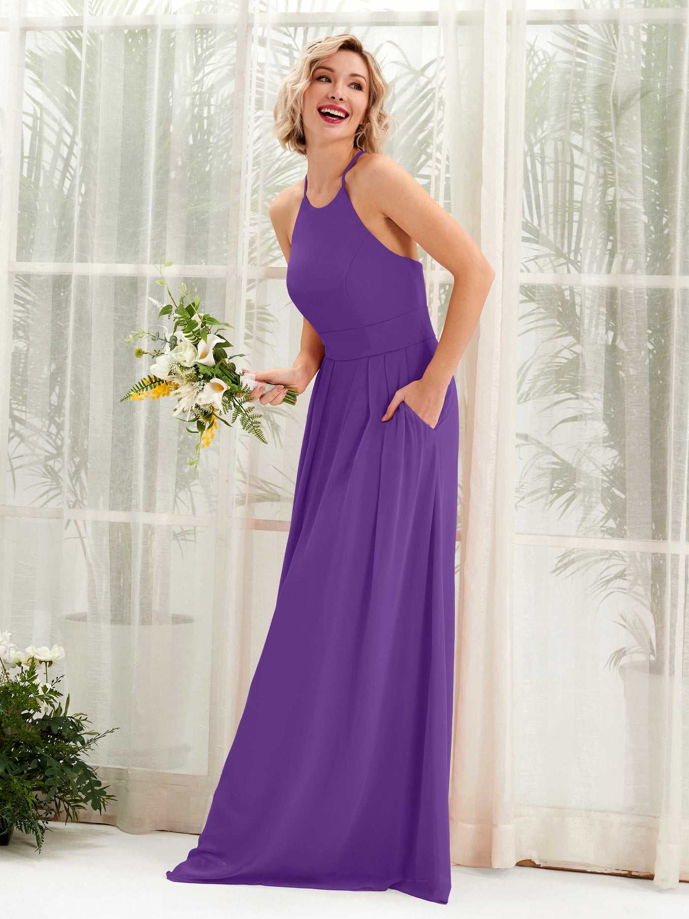 A-line Ball Gown Halter Spaghetti-straps Sleeveless Bridesmaid Dress - Regency (81225228)#color_regency