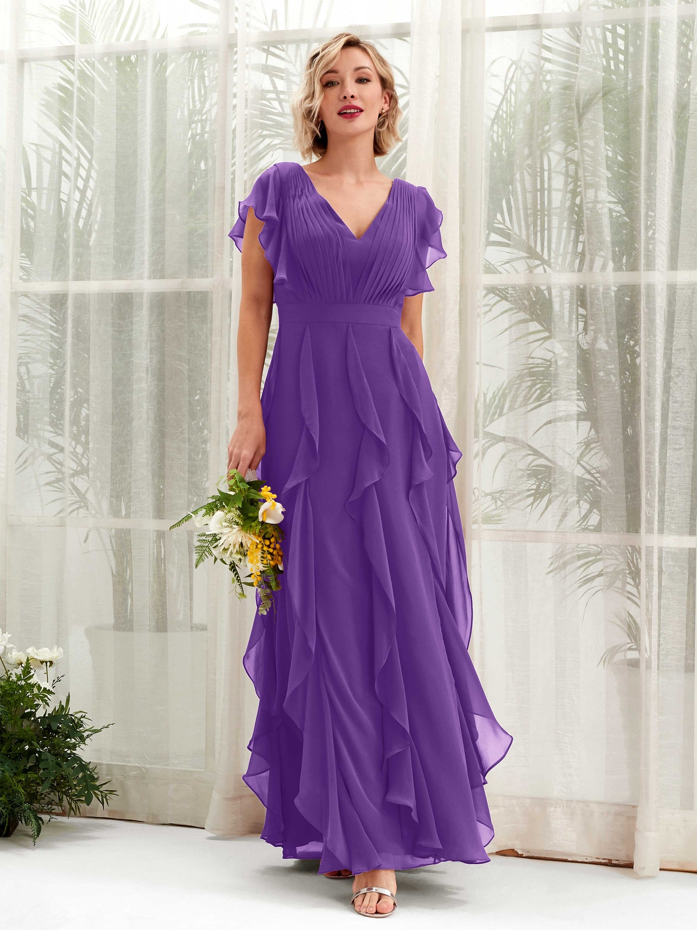A-line V-neck Short Sleeves Chiffon Bridesmaid Dress - Regency (81226028)#color_regency