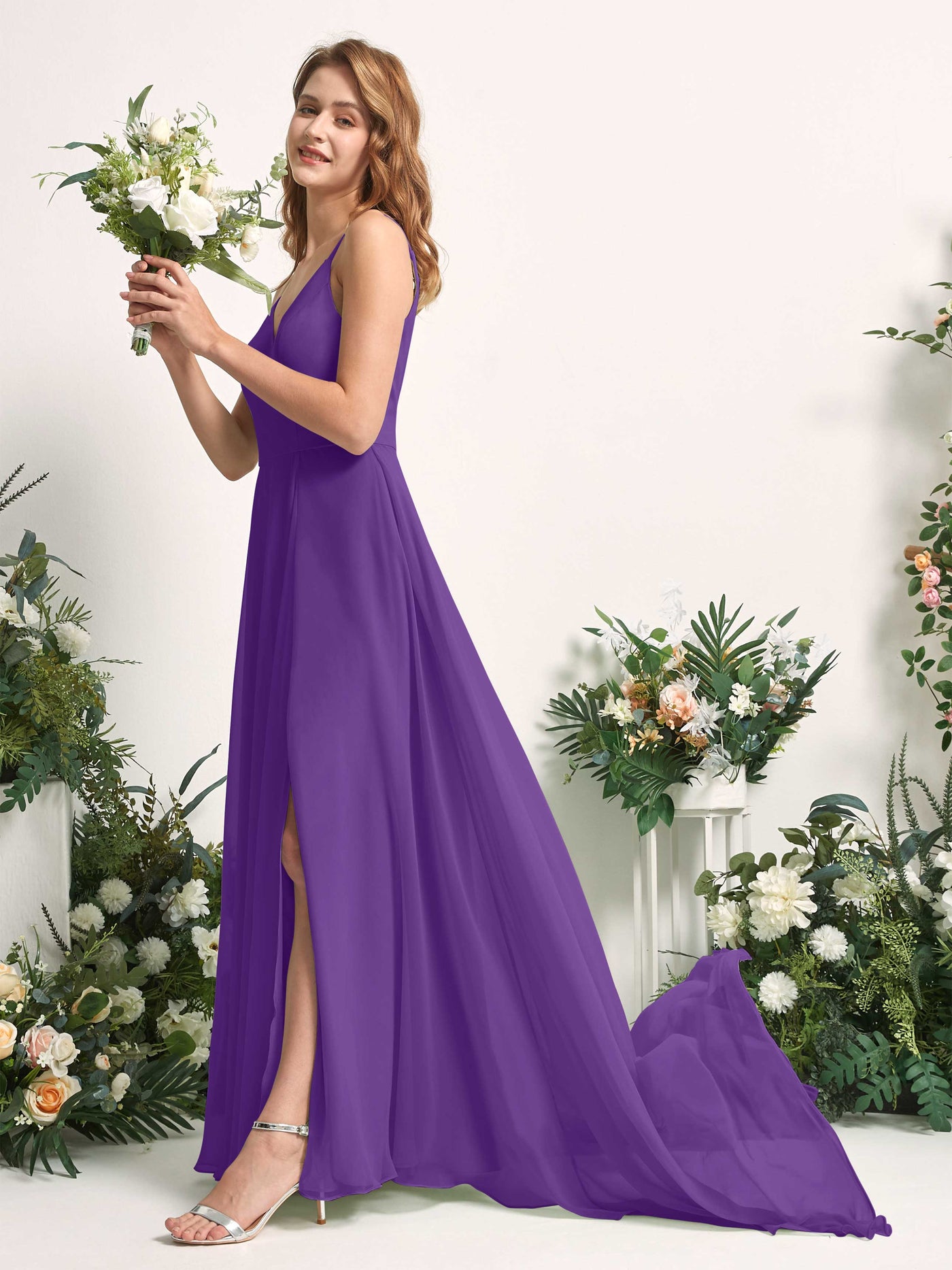 Bridesmaid Dress A-line Chiffon Spaghetti-straps Full Length Sleeveless Wedding Party Dress - Regency (81227728)#color_regency