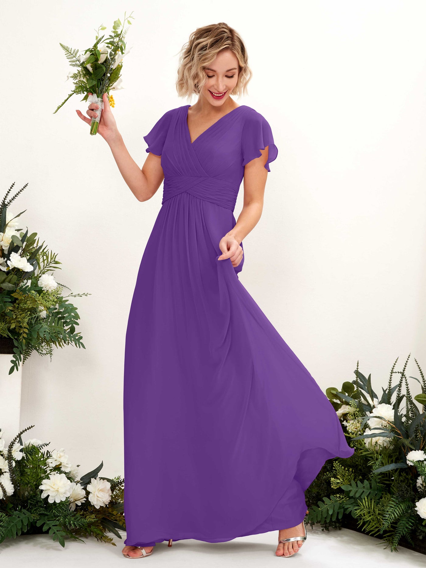 A-line V-neck Cap Sleeves Chiffon Bridesmaid Dress - Regency (81224328)#color_regency