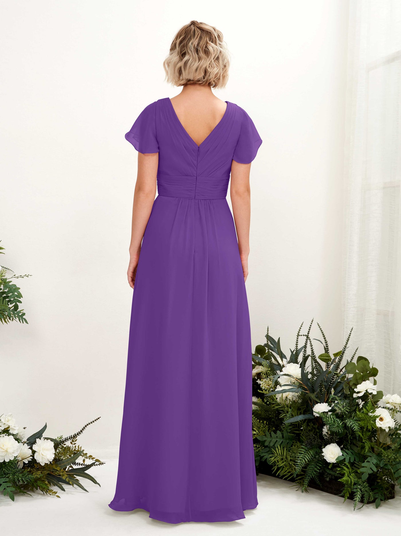 A-line V-neck Cap Sleeves Chiffon Bridesmaid Dress - Regency (81224328)#color_regency