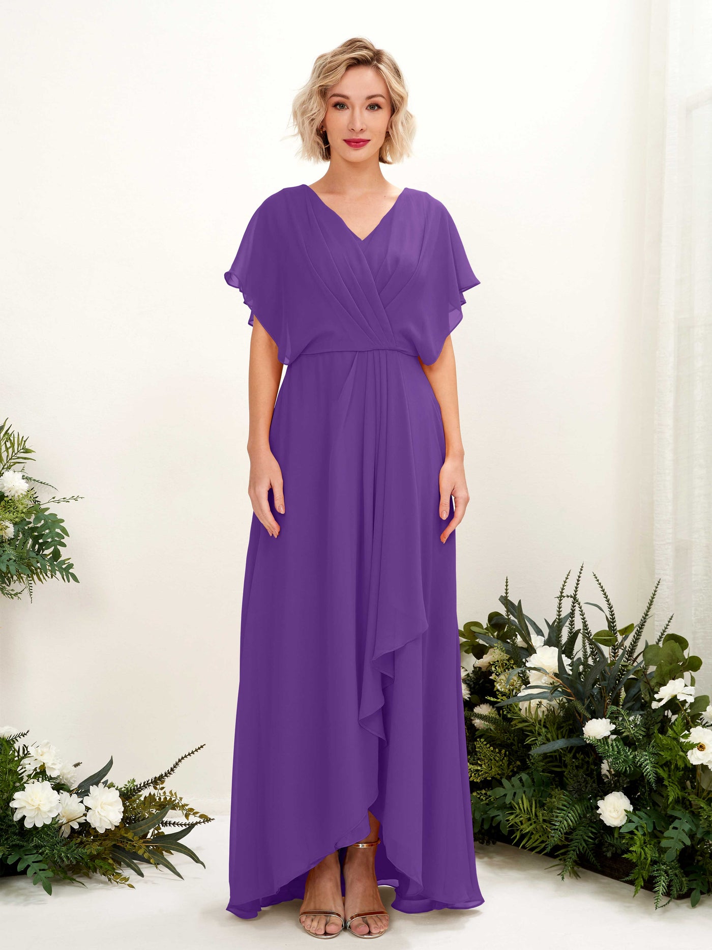 A-line V-neck Short Sleeves Chiffon Bridesmaid Dress - Regency (81222128)#color_regency