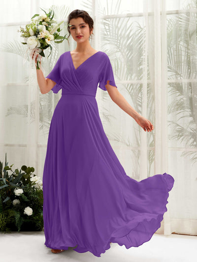 Carlyna Daphne A-Line Regency Bridesmaid Dress Maxi Short Sleeve V-Neck Dress Front View #color_regency