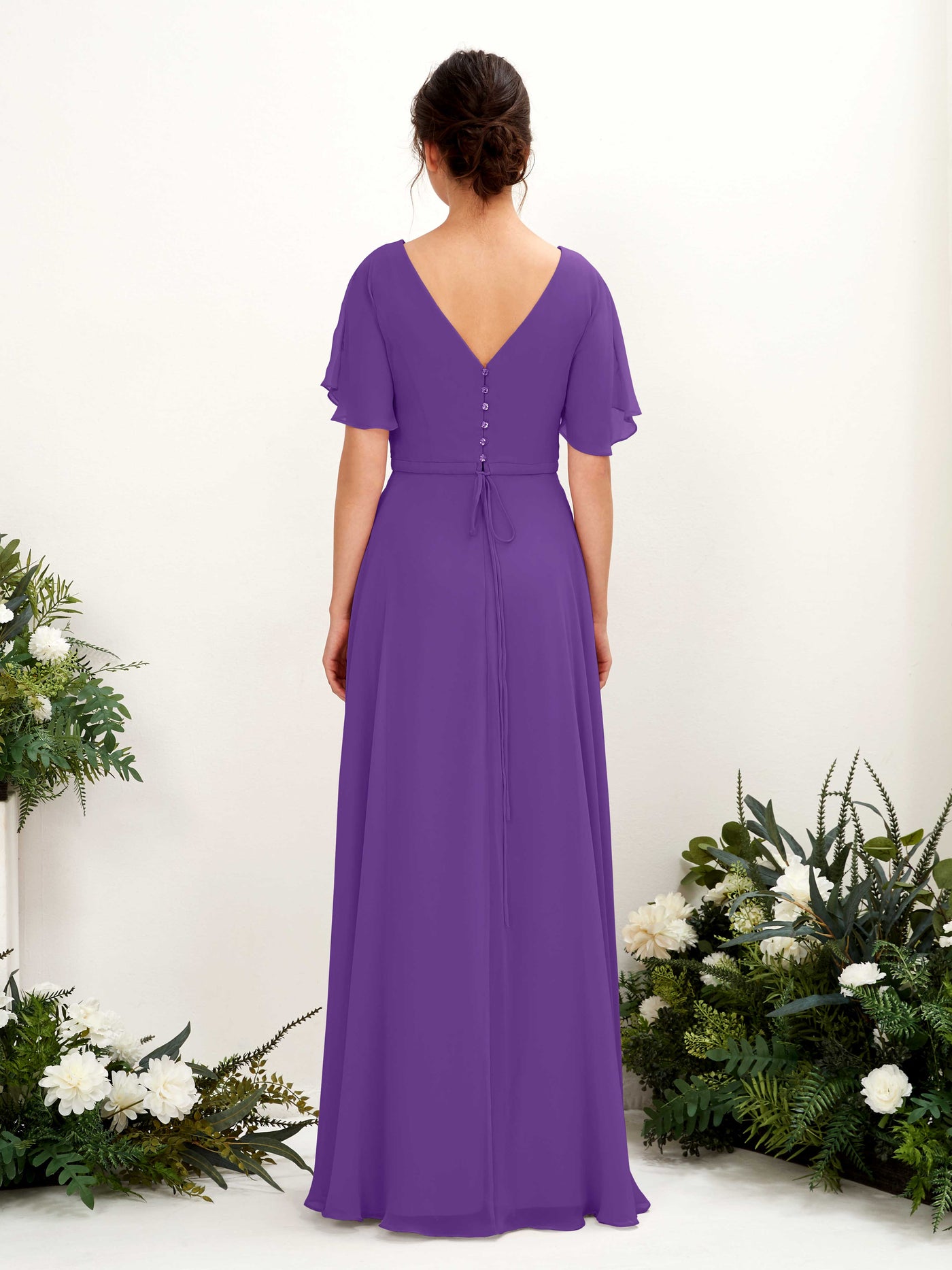 A-line V-neck Short Sleeves Chiffon Bridesmaid Dress - Regency (81224628)#color_regency