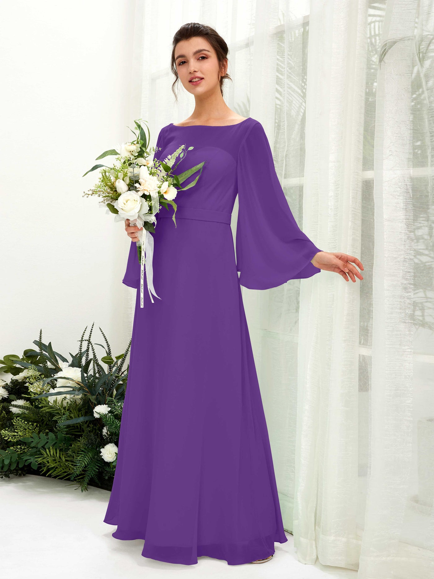 Bateau Illusion Long Sleeves Chiffon Bridesmaid Dress - Regency (81220528)#color_regency