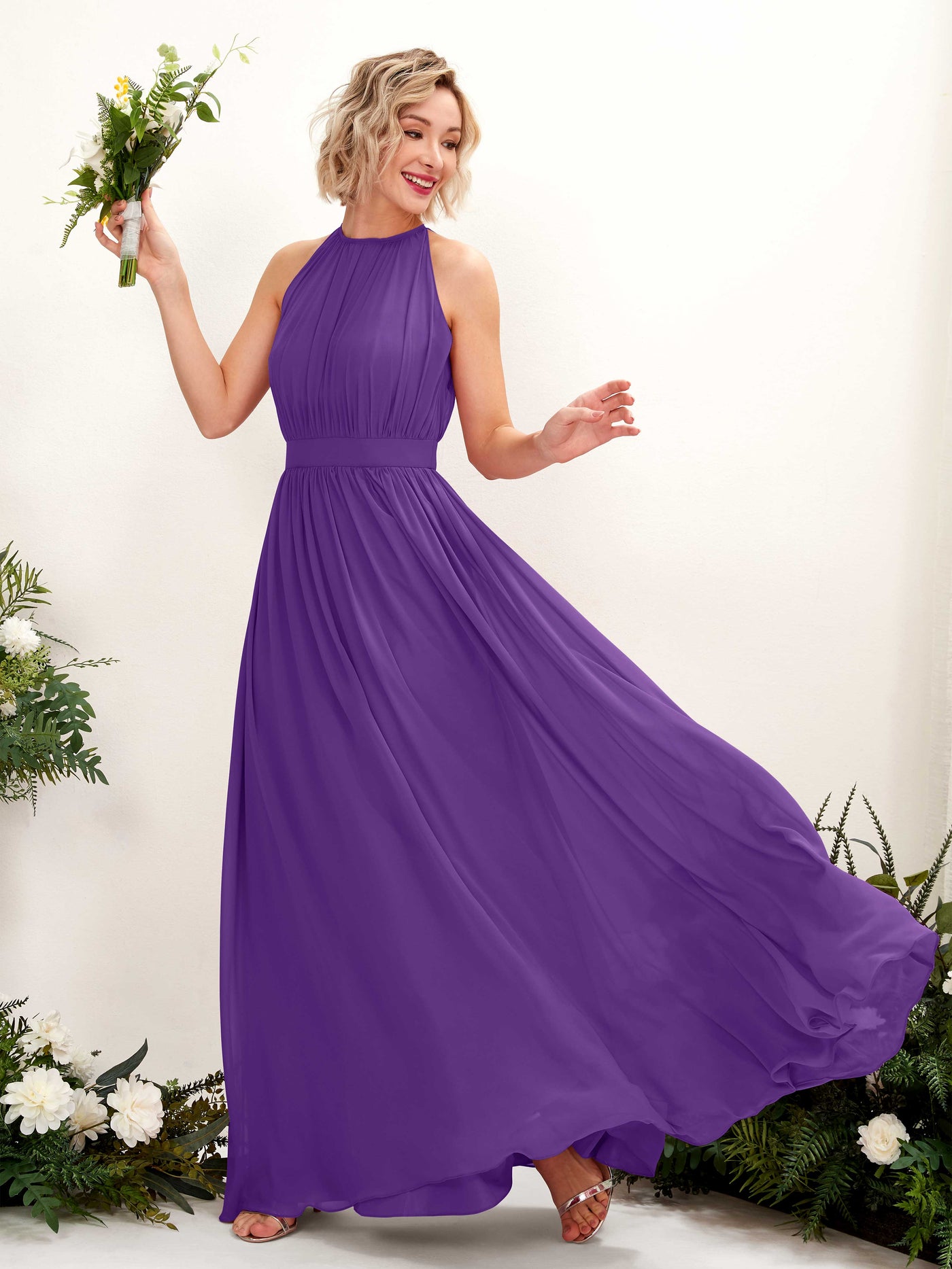 Halter Sleeveless Chiffon Bridesmaid Dress - Regency (81223128)#color_regency