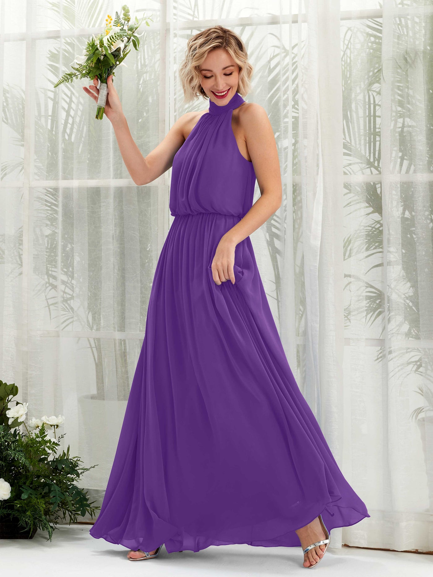 Halter Sleeveless Chiffon Bridesmaid Dress - Regency (81222928)#color_regency