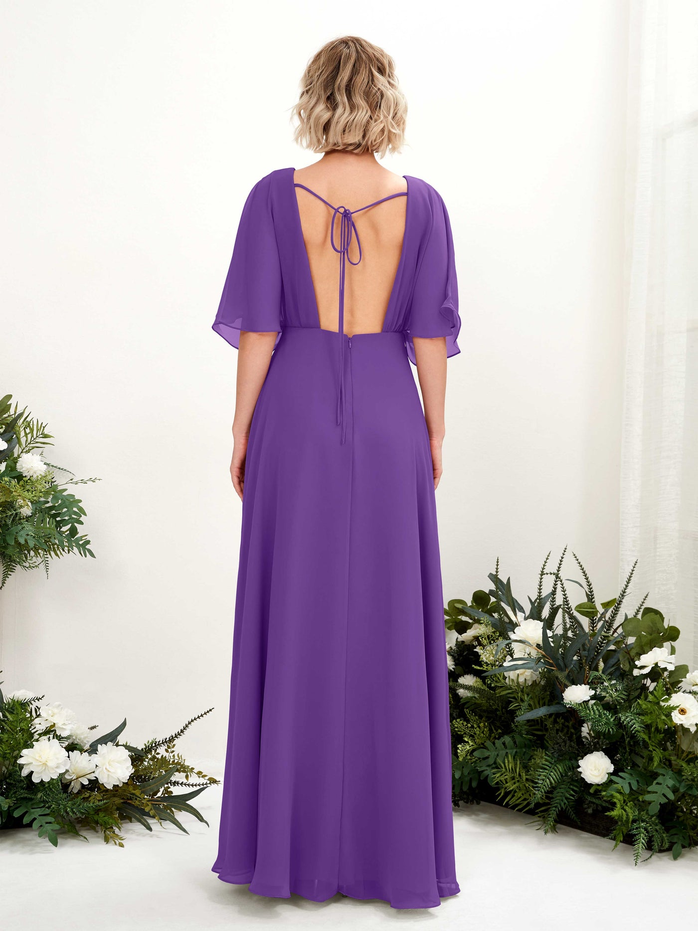 V-neck 1/2 Sleeves Chiffon Bridesmaid Dress - Regency (81225128)#color_regency