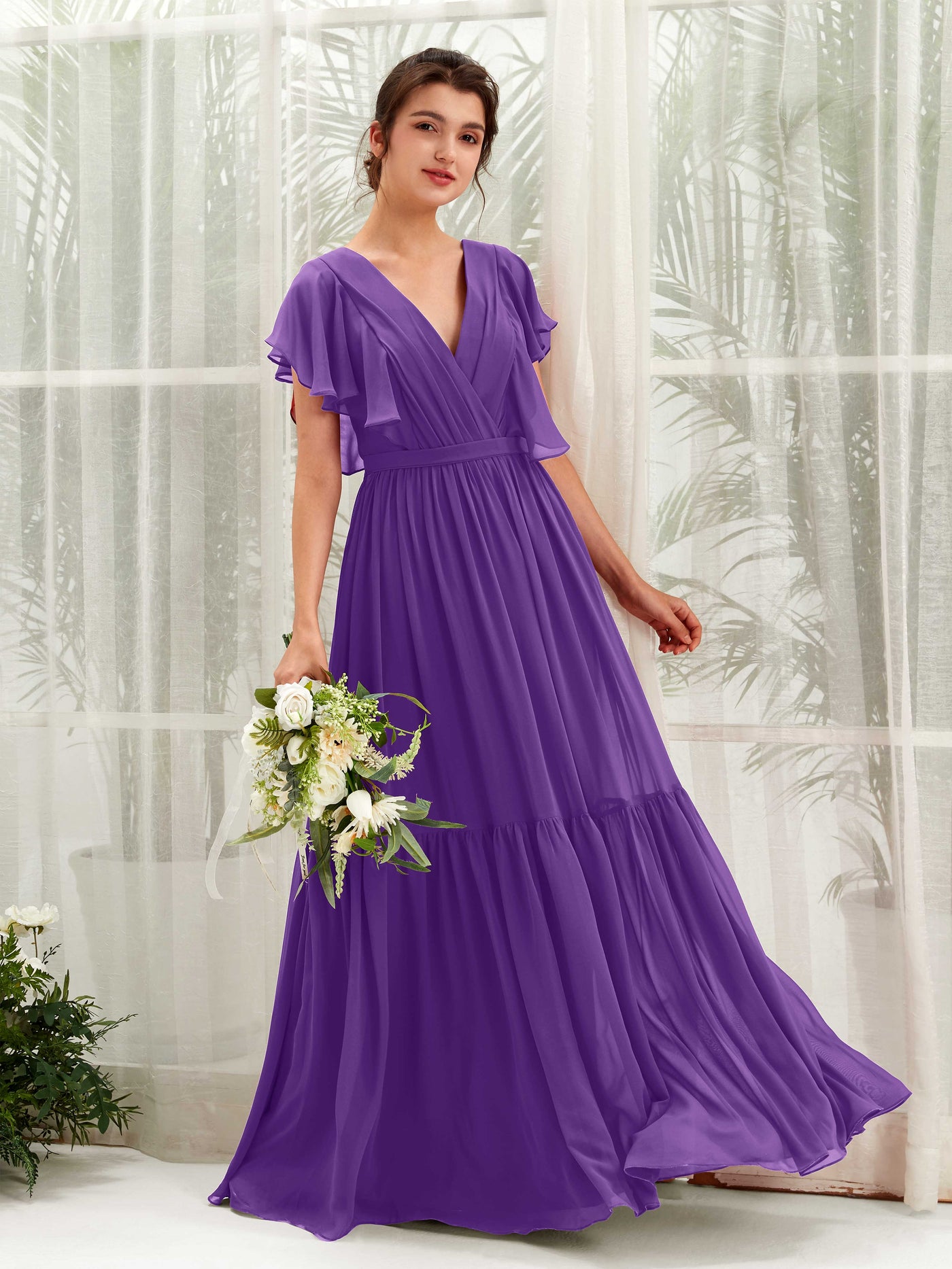V-neck Cap Sleeves Chiffon Bridesmaid Dress - Regency (81225928)#color_regency