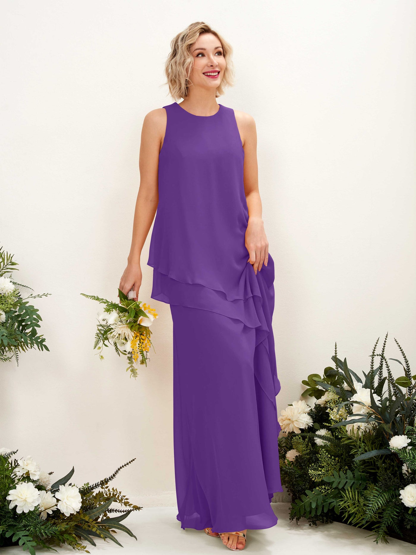 Round Sleeveless Chiffon Bridesmaid Dress - Regency (81222328)#color_regency