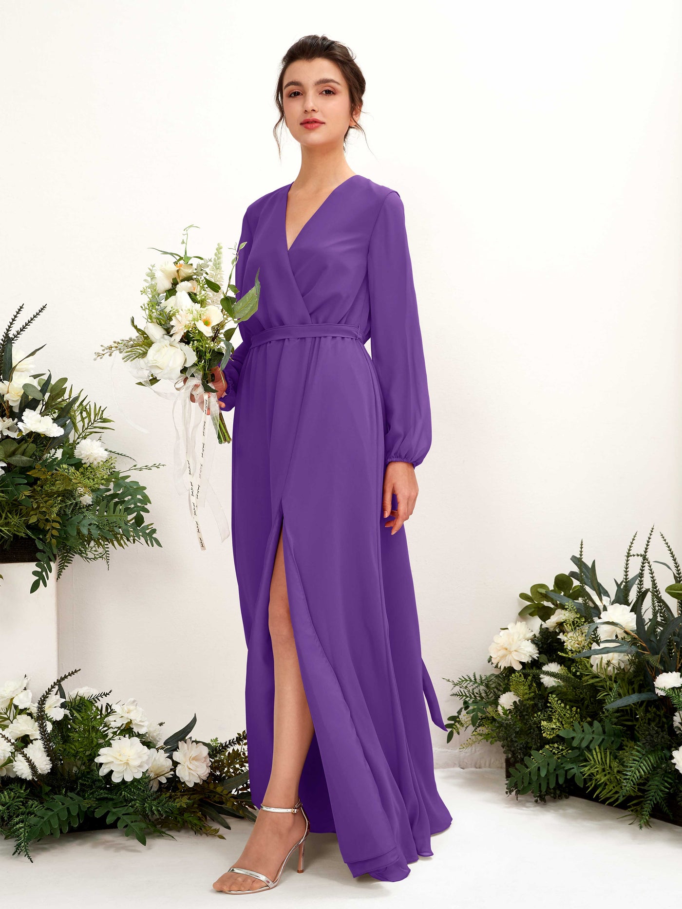 V-neck Long Sleeves Chiffon Bridesmaid Dress - Regency (81223228)#color_regency