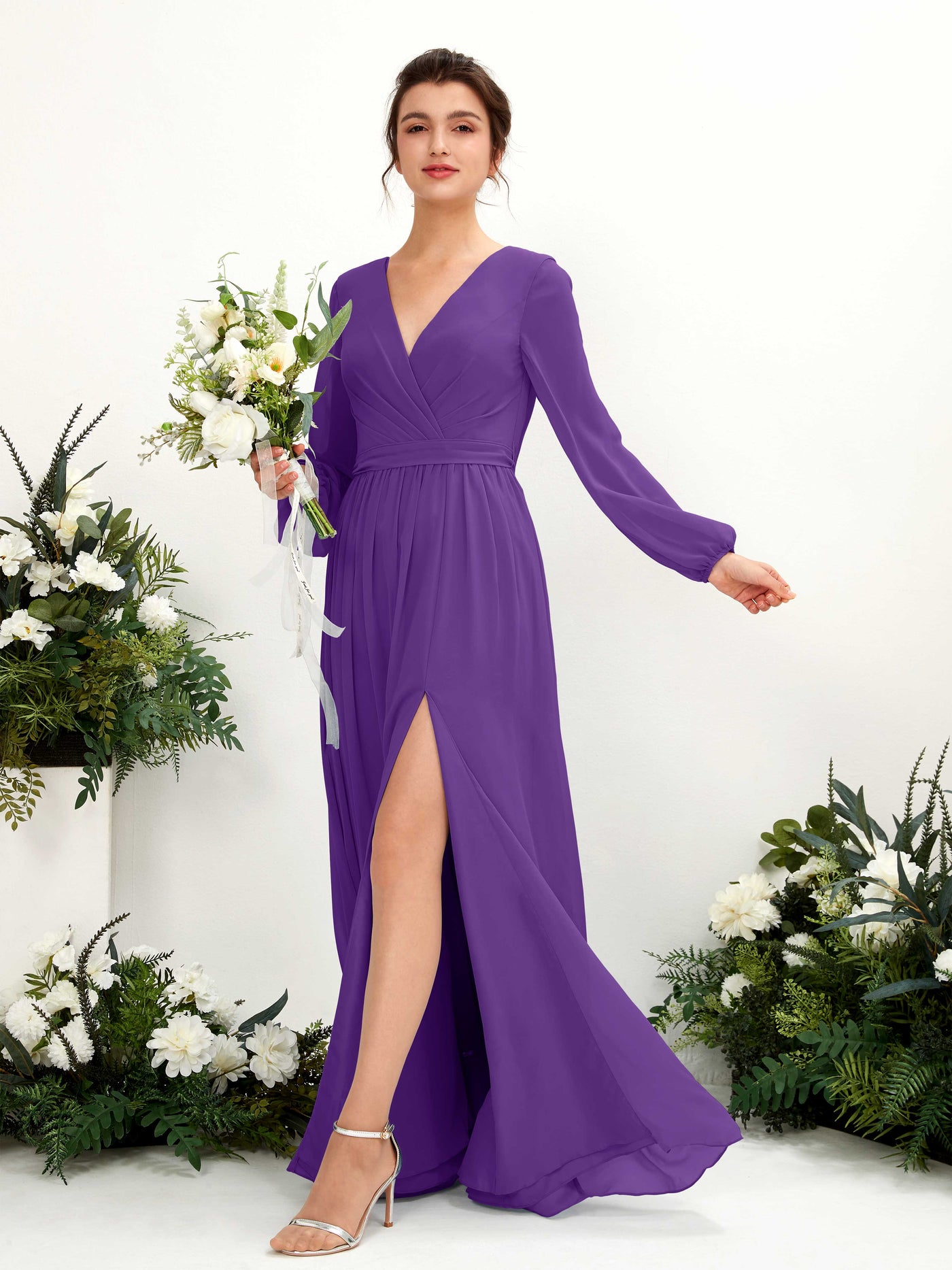 V-neck Long Sleeves Chiffon Bridesmaid Dress - Regency (81223828)#color_regency