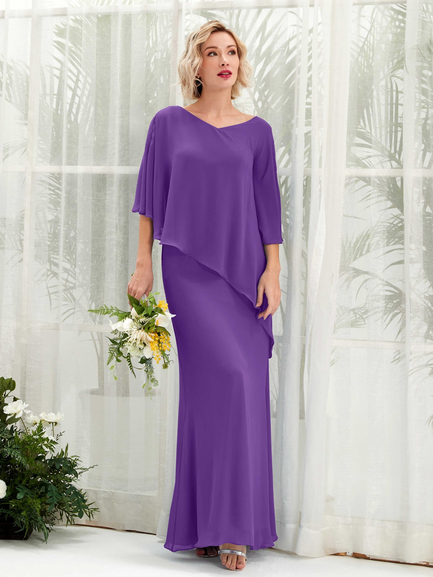V-neck 3/4 Sleeves Chiffon Bridesmaid Dress - Regency (81222528)#color_regency