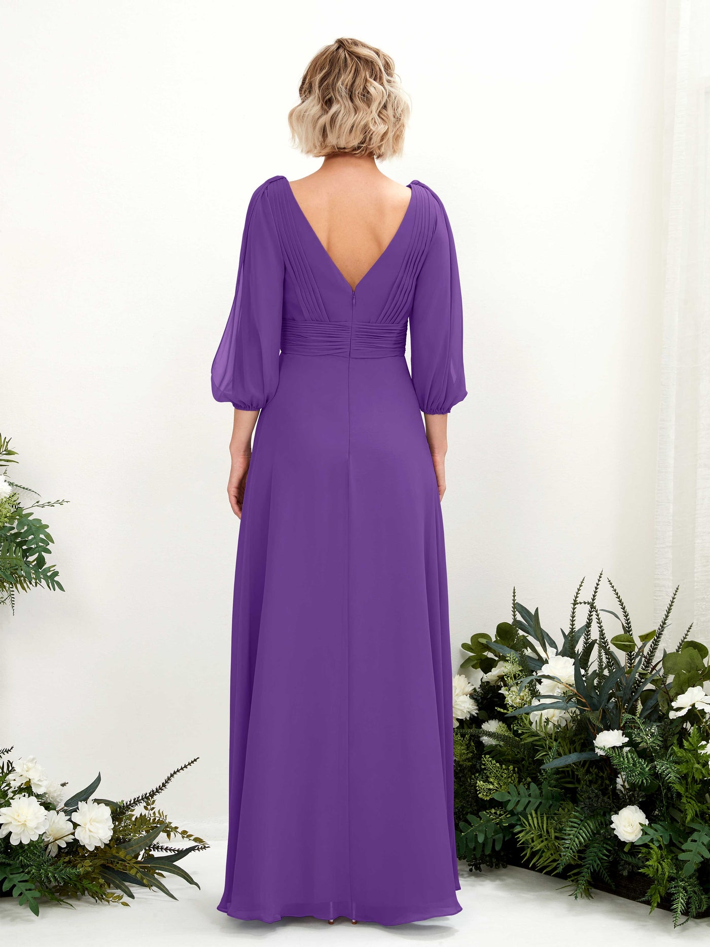 V-neck 3/4 Sleeves Chiffon Bridesmaid Dress - Regency (81223528)#color_regency