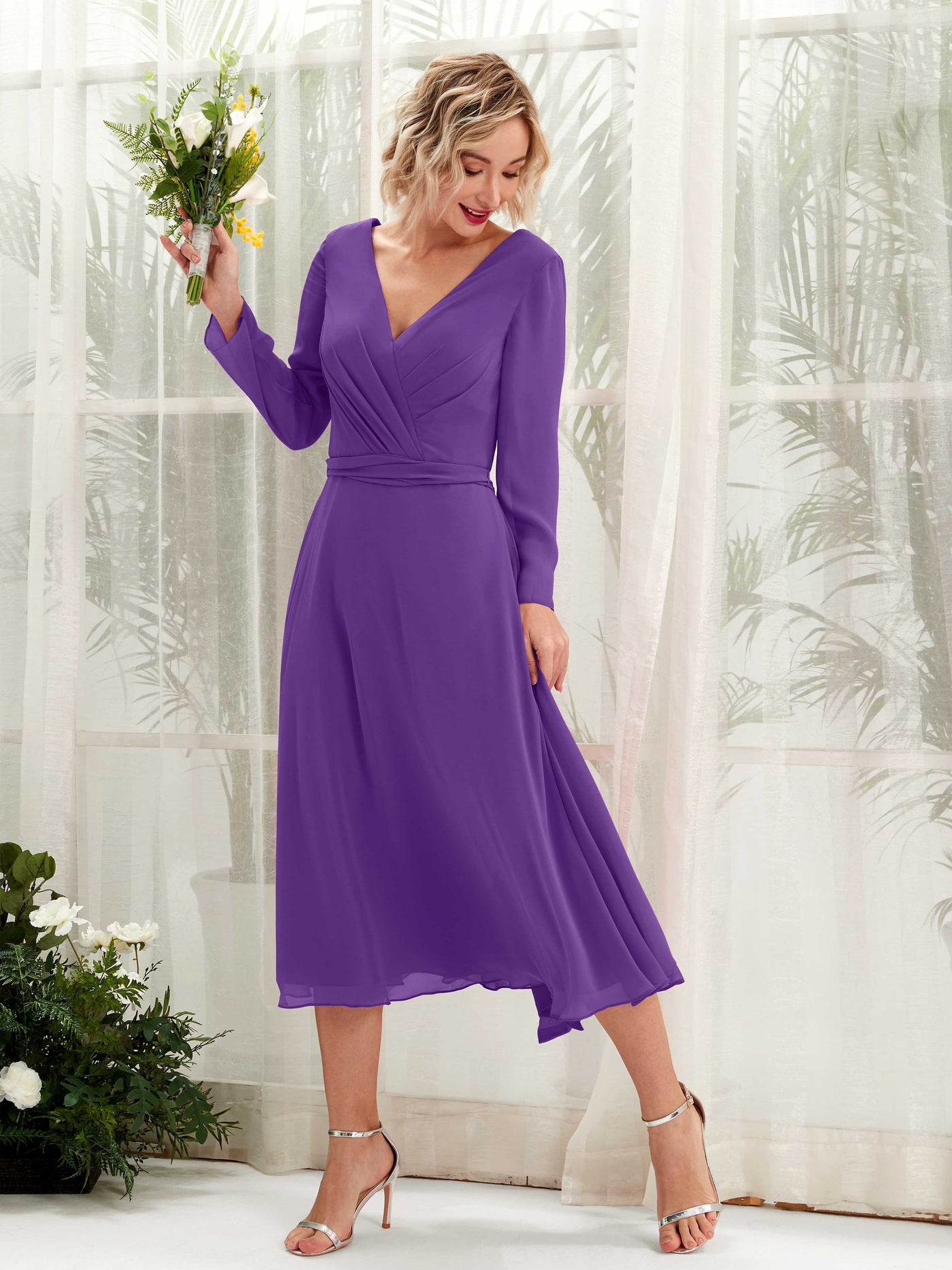 V-neck Long Sleeves Chiffon Bridesmaid Dress - Regency (81223328)#color_regency