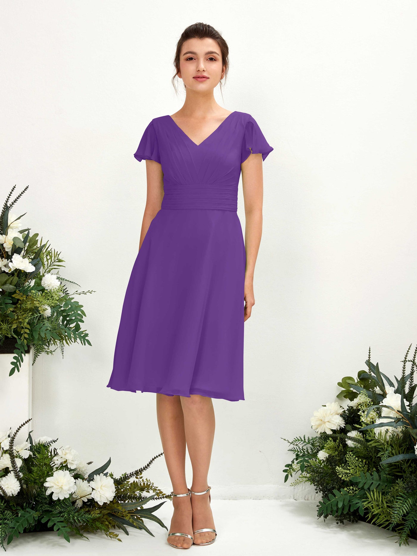 V-neck Short Sleeves Chiffon Bridesmaid Dress - Regency (81220228)#color_regency