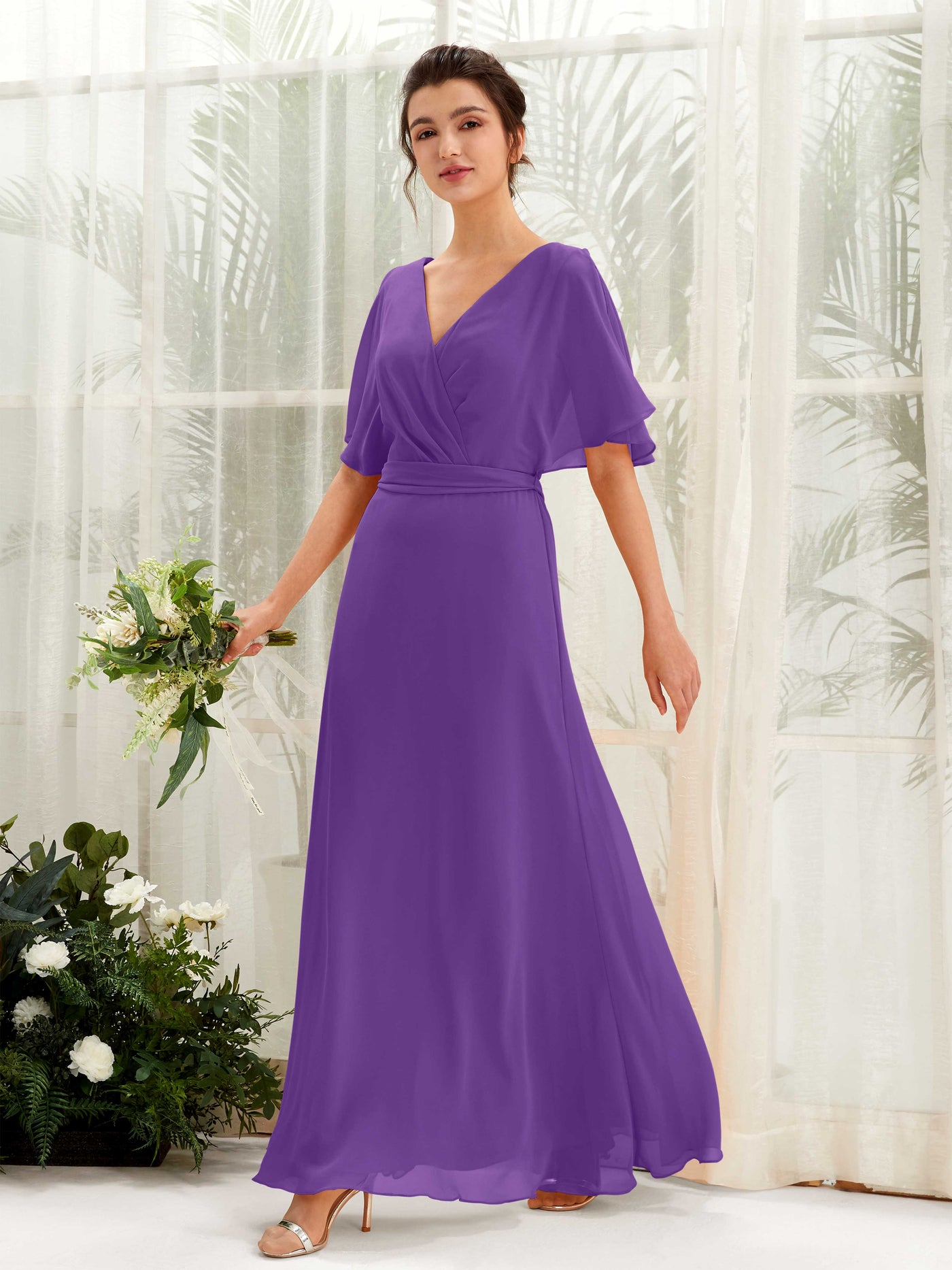 V-neck Short Sleeves Chiffon Bridesmaid Dress - Regency (81222428)#color_regency