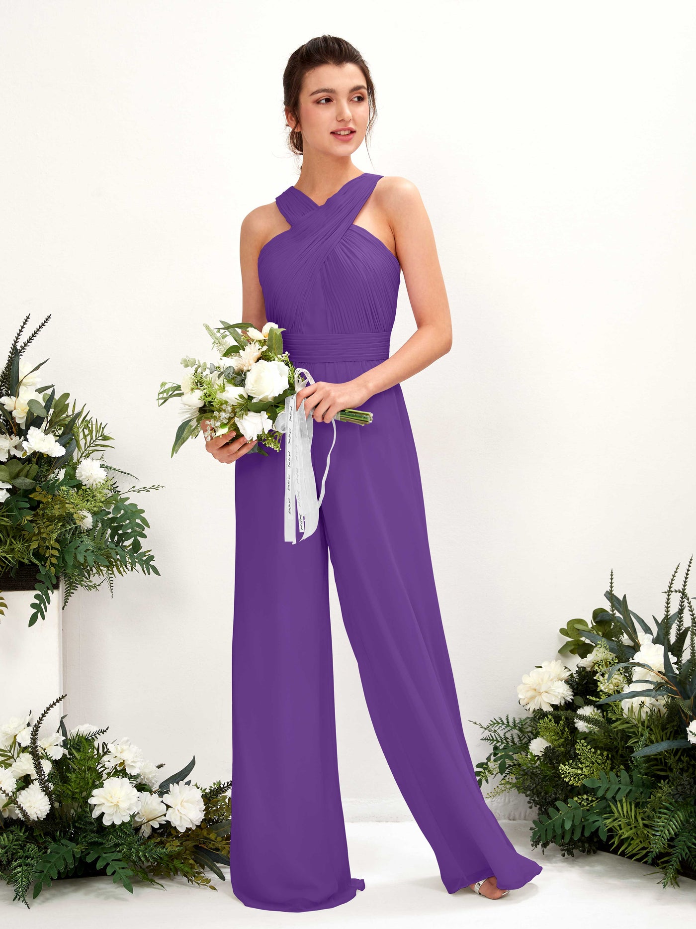 V-neck Sleeveless Chiffon Bridesmaid Dress Wide-Leg Jumpsuit - Regency (81220728)#color_regency