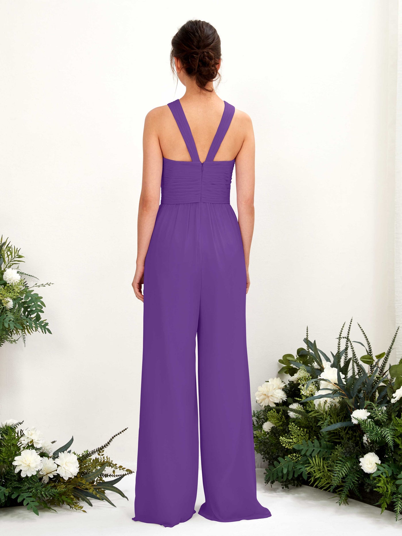 V-neck Sleeveless Chiffon Bridesmaid Dress Wide-Leg Jumpsuit - Regency (81220728)#color_regency