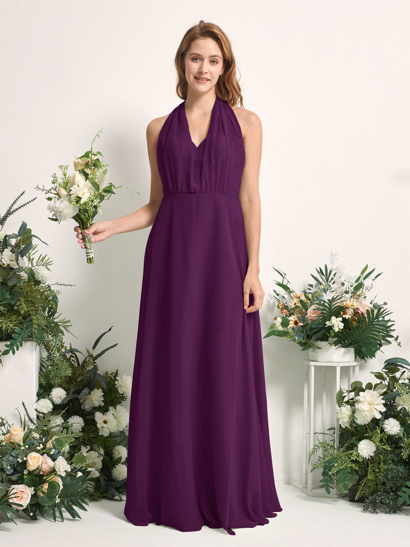 Bridesmaid Dress A-line Chiffon Halter Full Length Short Sleeves Wedding Party Dress - Grape (81226331)#color_grape