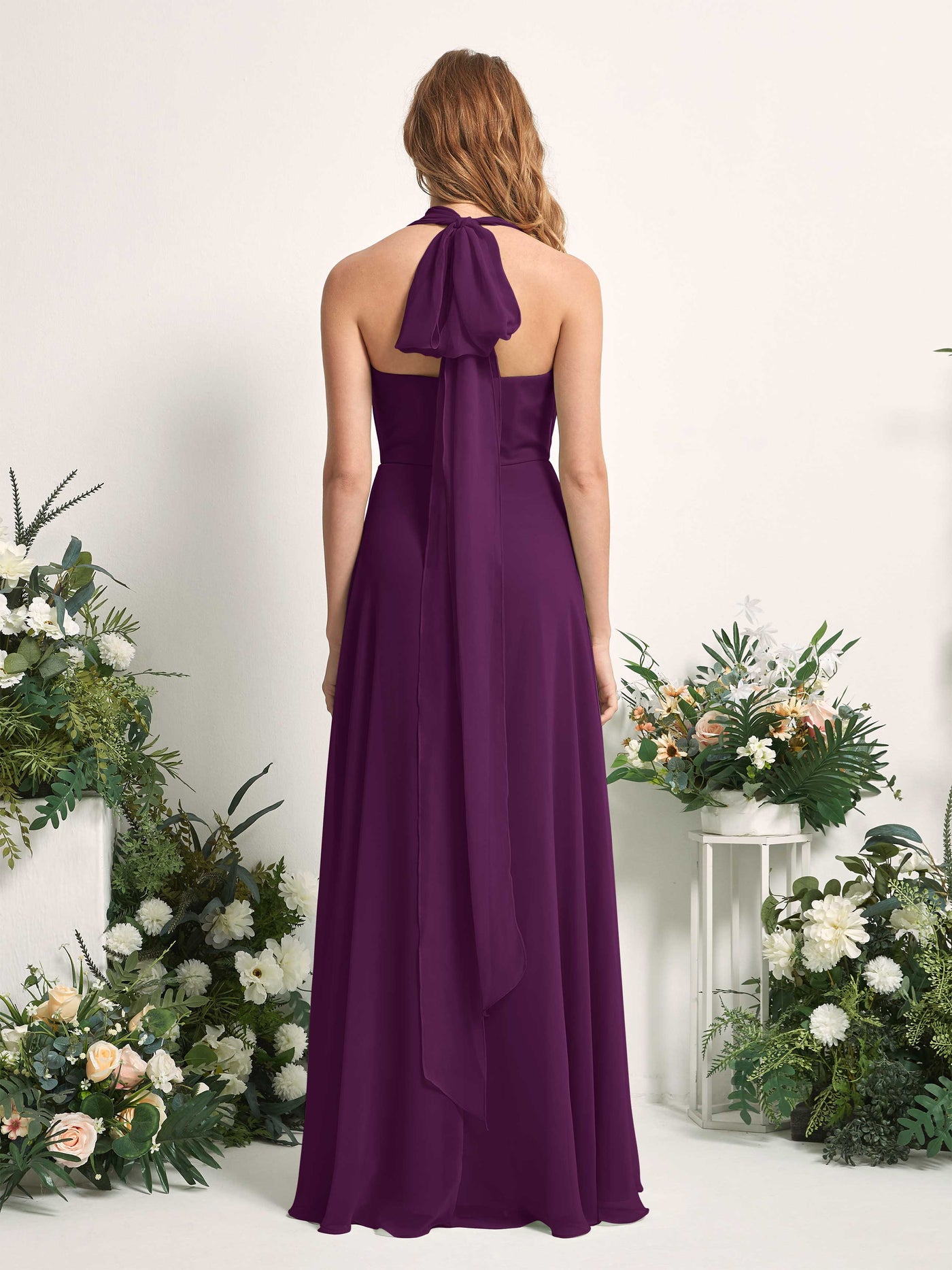 Bridesmaid Dress A-line Chiffon Halter Full Length Short Sleeves Wedding Party Dress - Grape (81226331)#color_grape